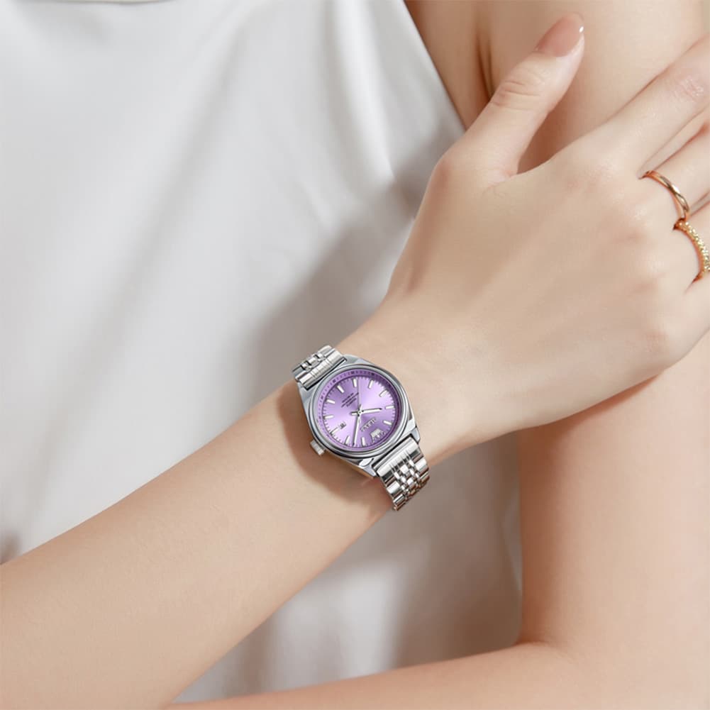 OLEVS 3703 Elegant Textured Dial Stainless Steel Womens Watch
