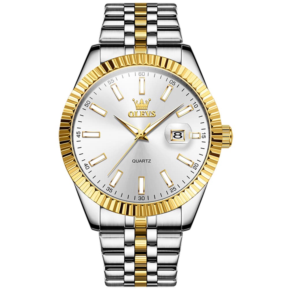 OLEVS Couple Watch Fluted Bezel Two Tone Stainless Steel Date Quartz 5593