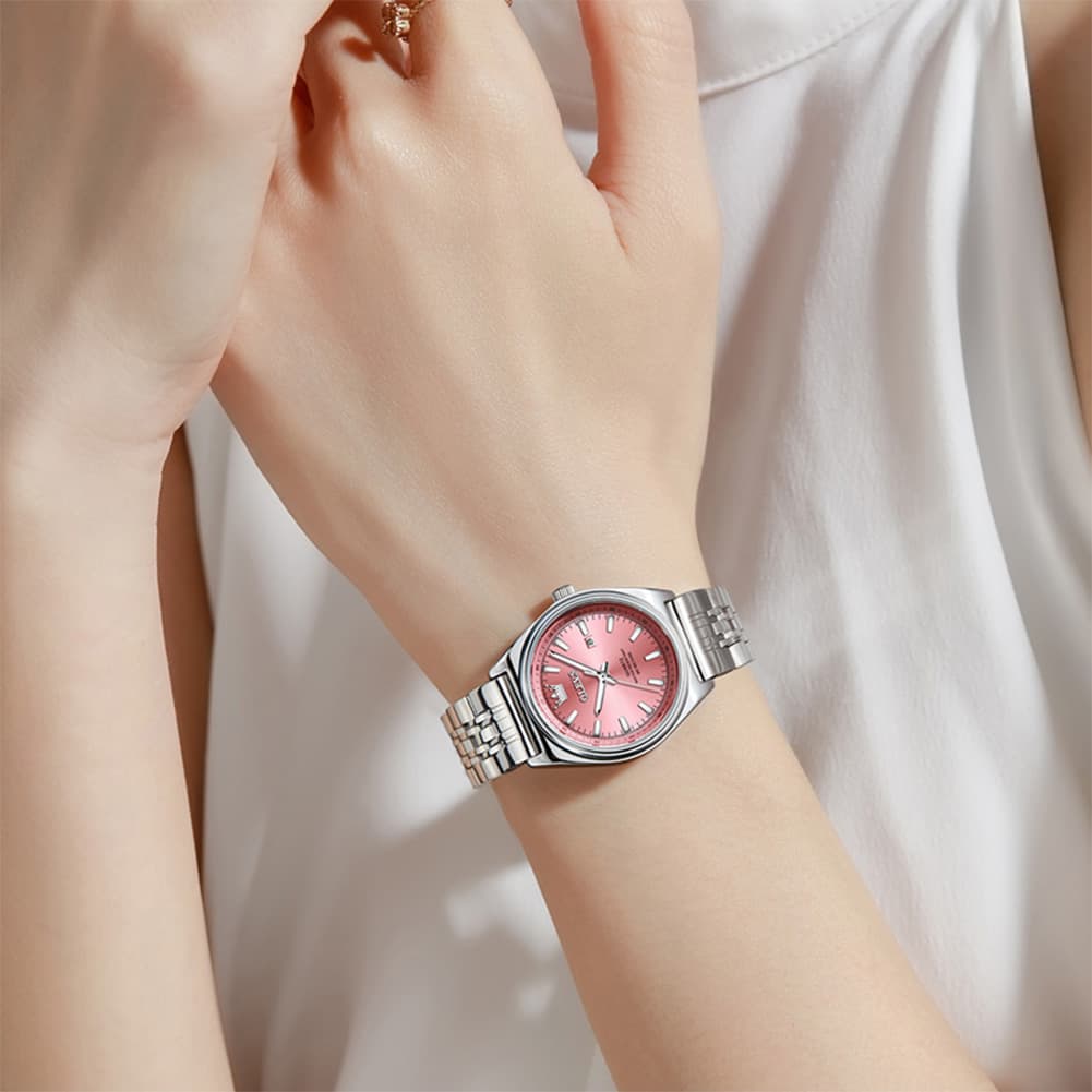 OLEVS 3703 Elegant Textured Dial Stainless Steel Womens Watch