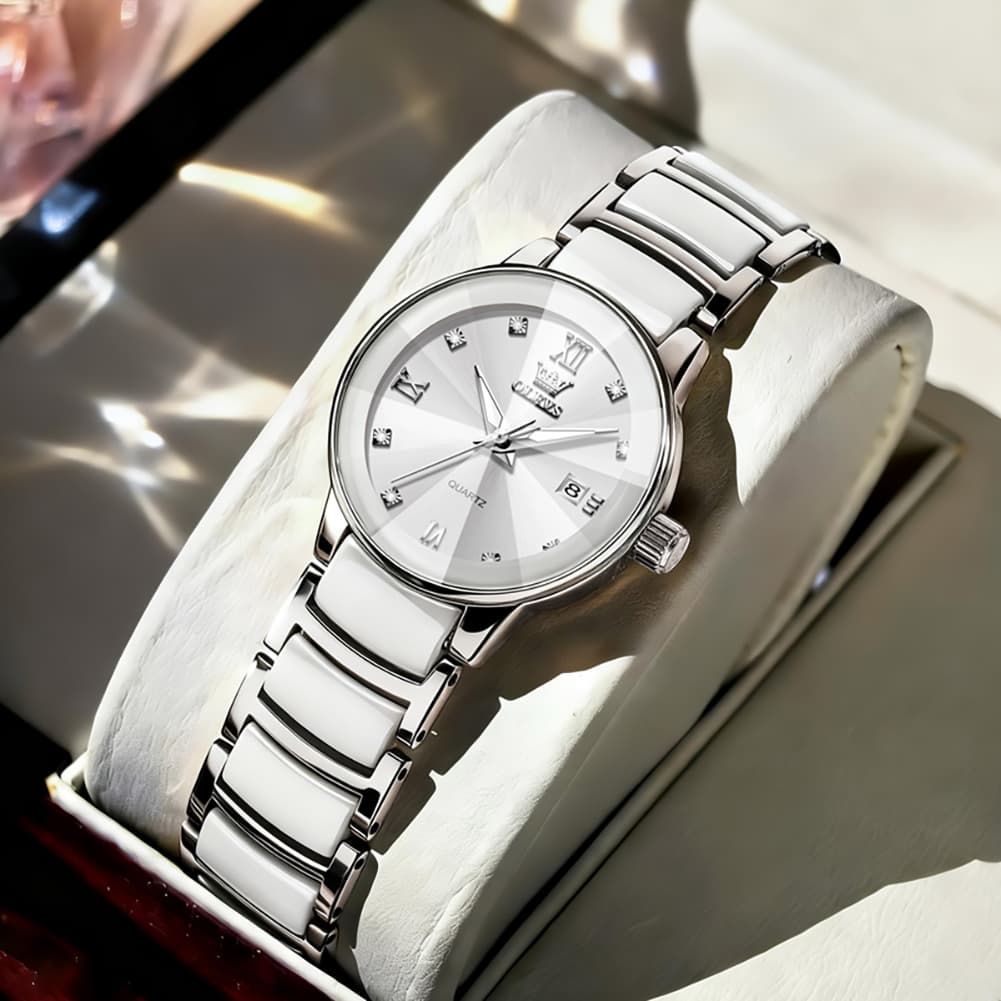 OLEVS 7114 Ceramic Link Watch Couple Date Diamond Accent Quartz Luxury Timepiece for Men and Women