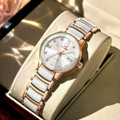 OLEVS 7114 Ceramic Link Watch Couple Date Diamond Accent Quartz Luxury Timepiece for Men and Women
