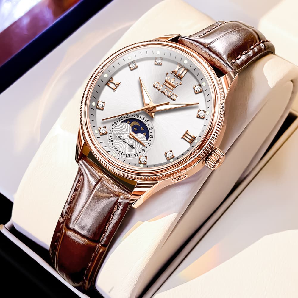 OLEVS 7039 Leather Moon Phase Mechanical Watch For Women