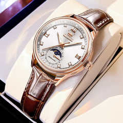 OLEVS 7039 Leather Moon Phase Mechanical Watch For Women