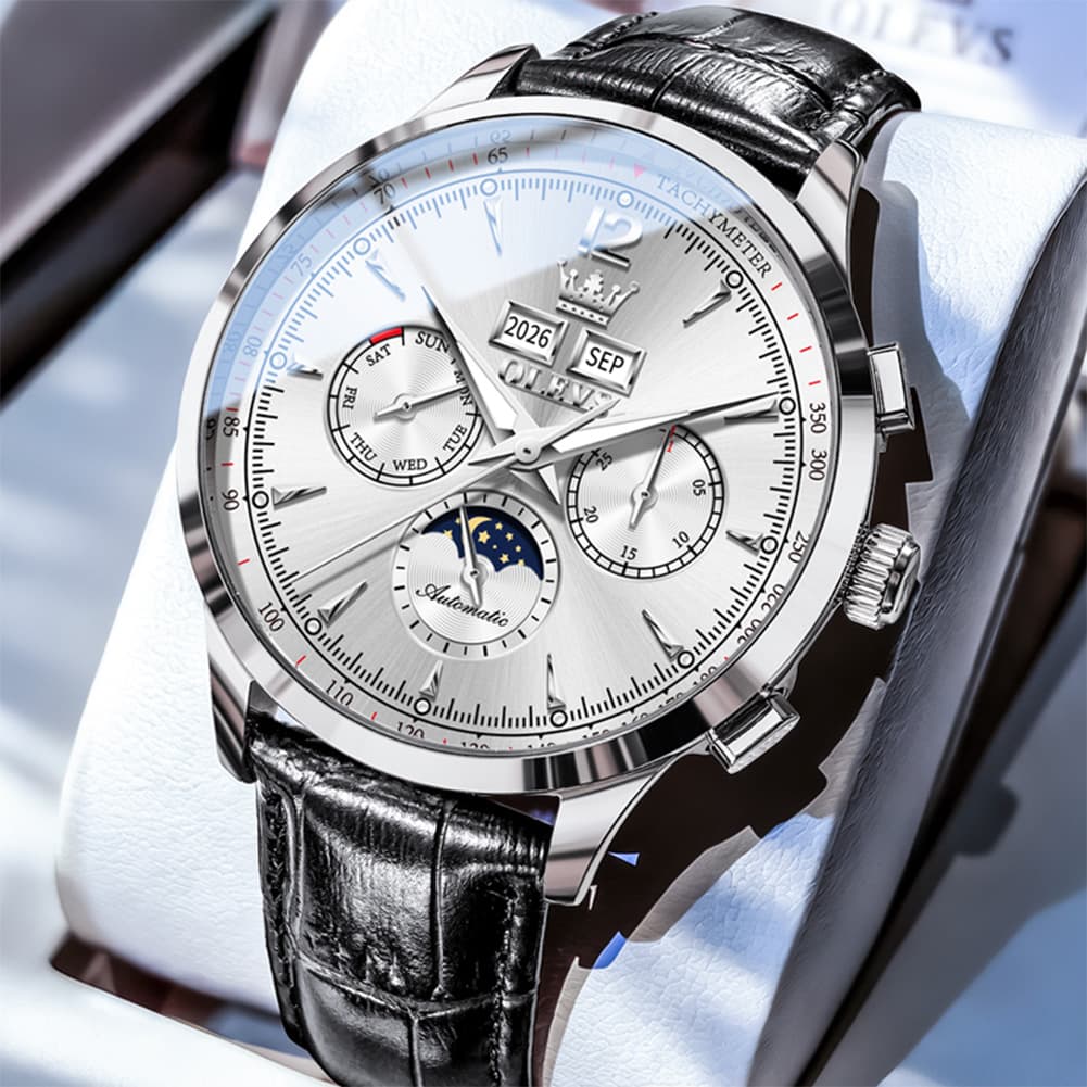 OLEVS Moon Phase Automatic Mechanical Watch 7128 Leather Strap for Men