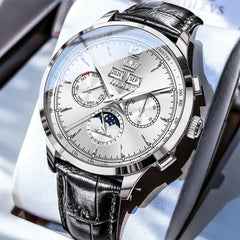 OLEVS Moon Phase Automatic Mechanical Watch 7128 Leather Strap for Men