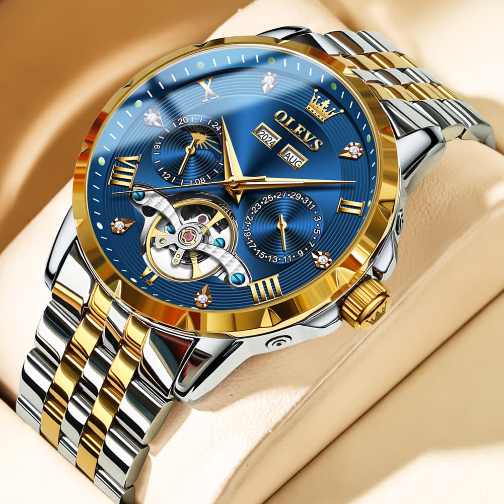 OLEVS 6691 Automatic Moon Phase Skeleton Steel Watch for Men