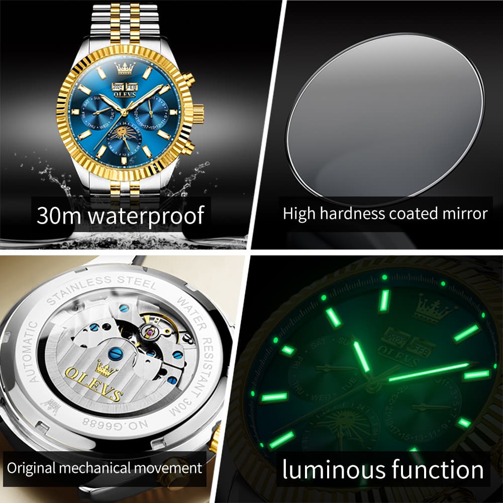 OLEVS 6688 Automatic Moon Phase Stainless Steel Watch for Men