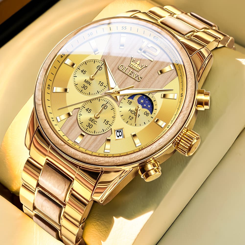 OLEVS 3645 Solid Wood & Steel Chronograph Quartz Watch for Men