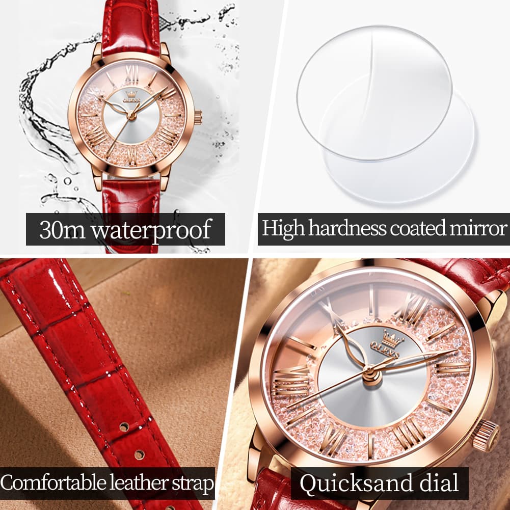 OLEVS Flowing Quicksand Crystal Dress Watch for Women Leather Strap 5539
