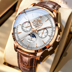 OLEVS Moon Phase Automatic Mechanical Watch 7128 Leather Strap for Men