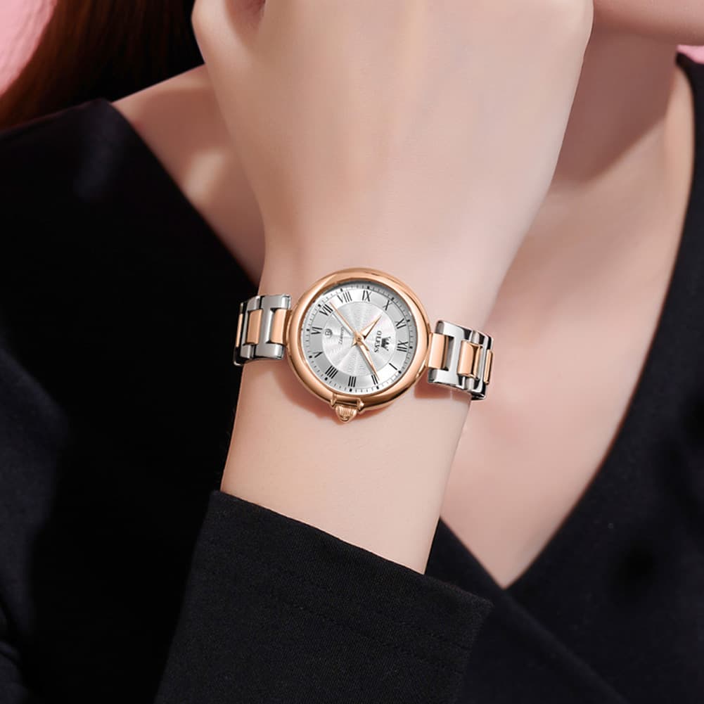 OLEVS Women Roman Numeral Dress Watch Sunray Dial Stainless Steel Date Quartz 5608