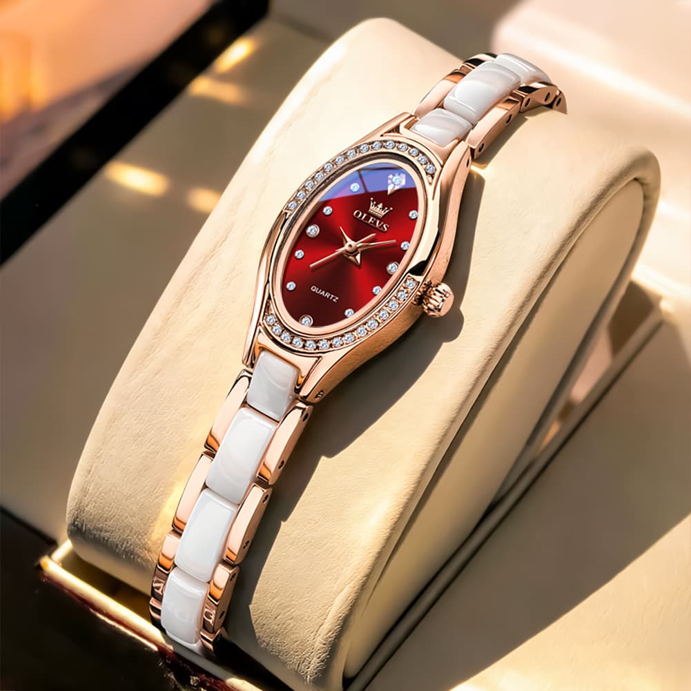 OLEVS Oval Ceramic Bracelet Diamond Watch 7131 for Women