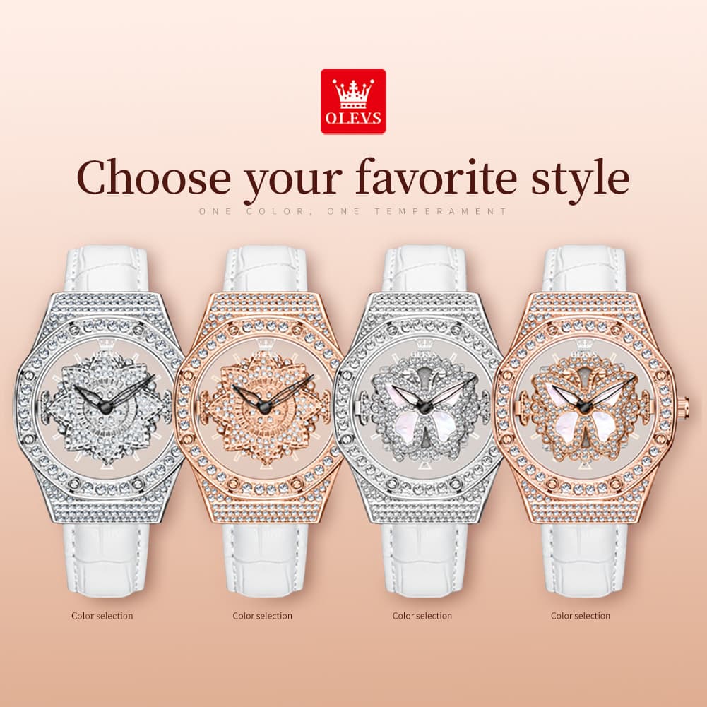 OLEVS 9996 Rotatable Diamond Bezel Leather Watch for Women