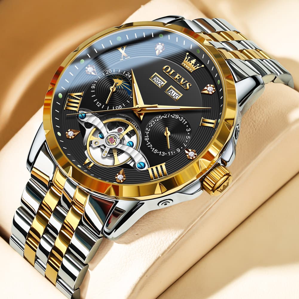 OLEVS 6691 Automatic Moon Phase Skeleton Steel Watch for Men