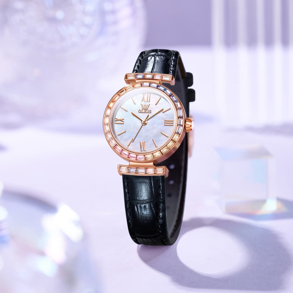 OLEVS 9007 Rainbow Bezel Mother of Pearl Leather Quartz Watch for Women