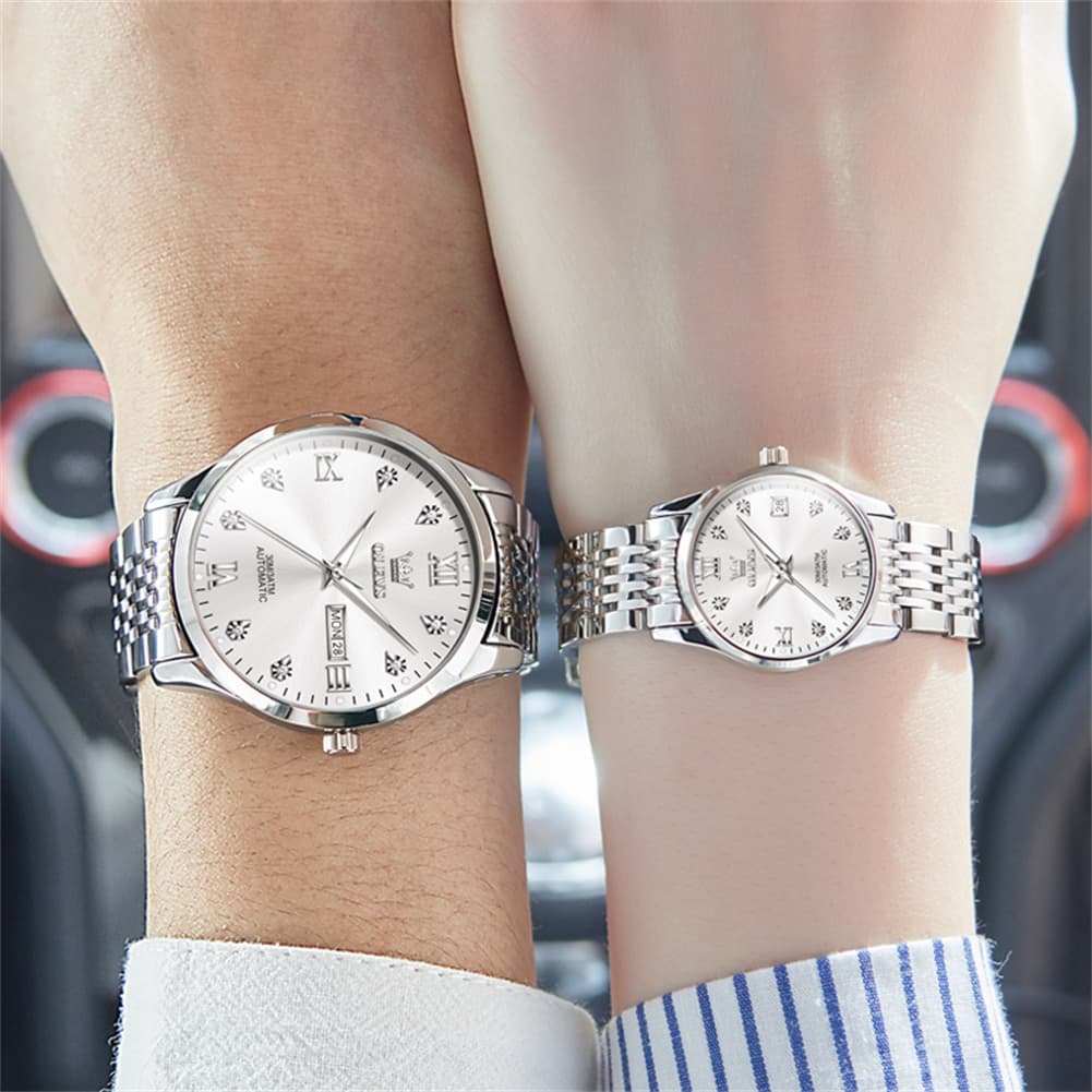 OLEVS 6673 Diamond Automatic Couple Watches Set