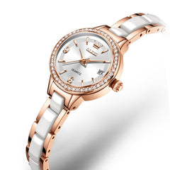 OLEVS 7093 White Ceramic Watch Women Dainty Diamond Bezel Date Quartz Jewelry Timepiece
