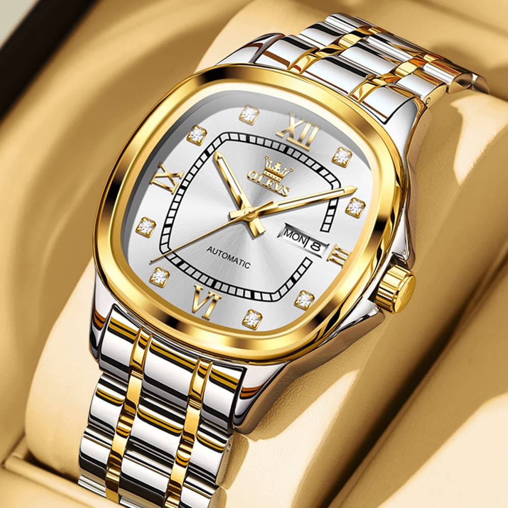 OLEVS Retro Square Diamond Dial Automatic Mechanical Watch 9810 for Men and Women