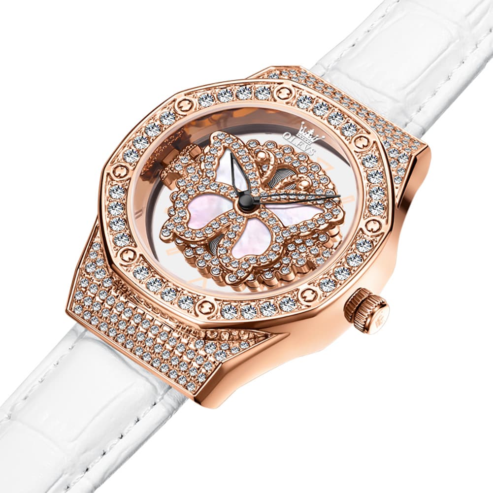 OLEVS 9996 Rotatable Diamond Bezel Leather Watch for Women