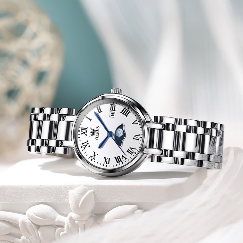 OLEVS Women Moon Phase Dress Watch Stainless Steel Diamond Dial Quartz 5573