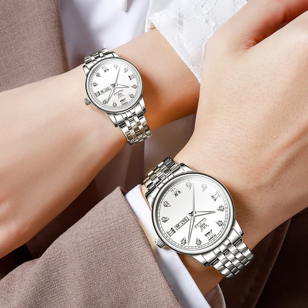 OLEVS Couple Watches Diamond Dial Day Date Quartz Watch 5525 Steel Band for His and Hers