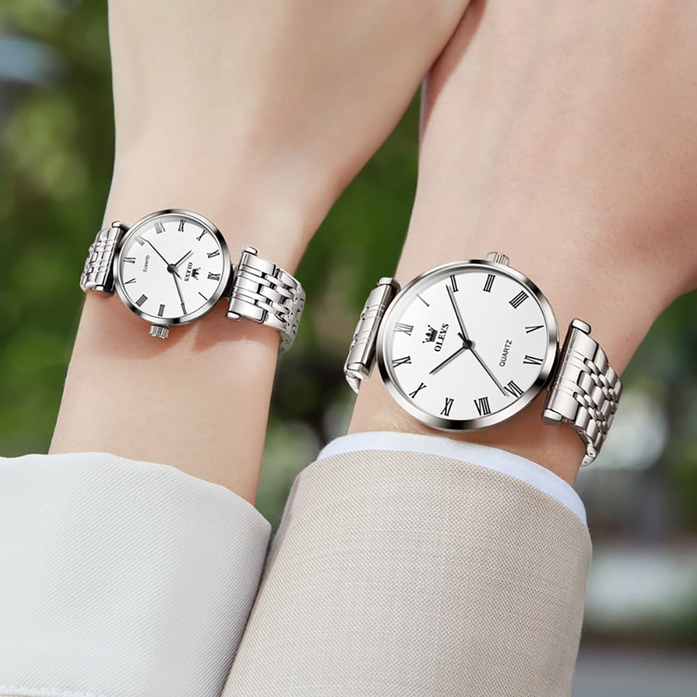 OLEVS Couple Watch Ultra Slim Roman Numerals Stainless Steel Quartz 5592