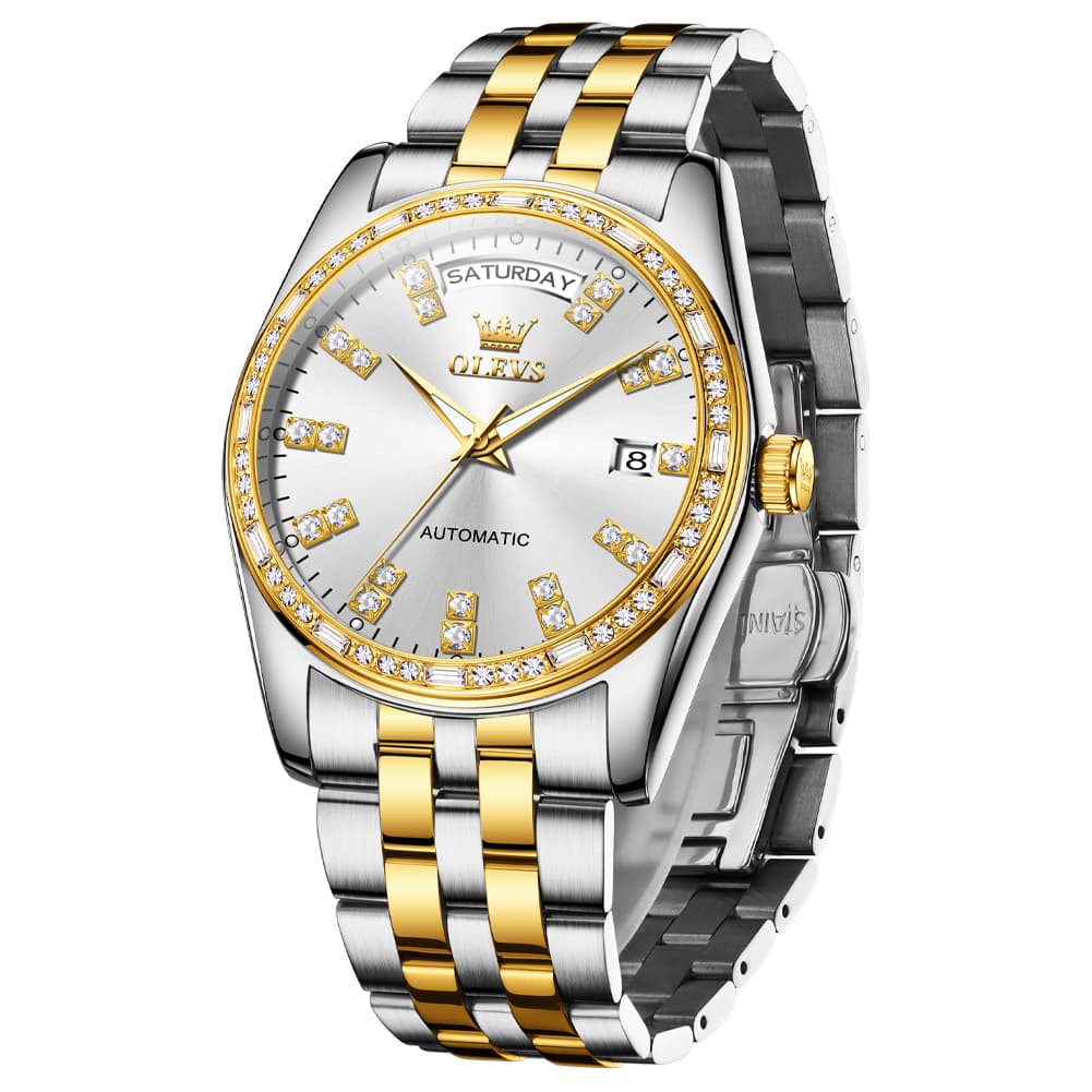 OLEVS Diamond Bezel Day Date Automatic Mechanical Watch 9802 for Men