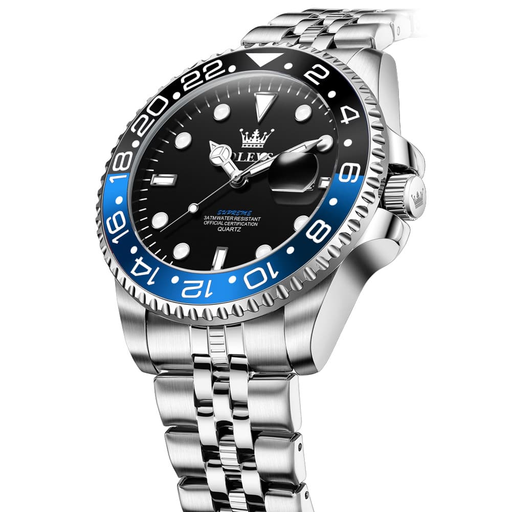 OLEVS 5657 Rotating Bezel Sports Watch Stainless Steel Jubilee Bracelet Quartz Timepiece for Men