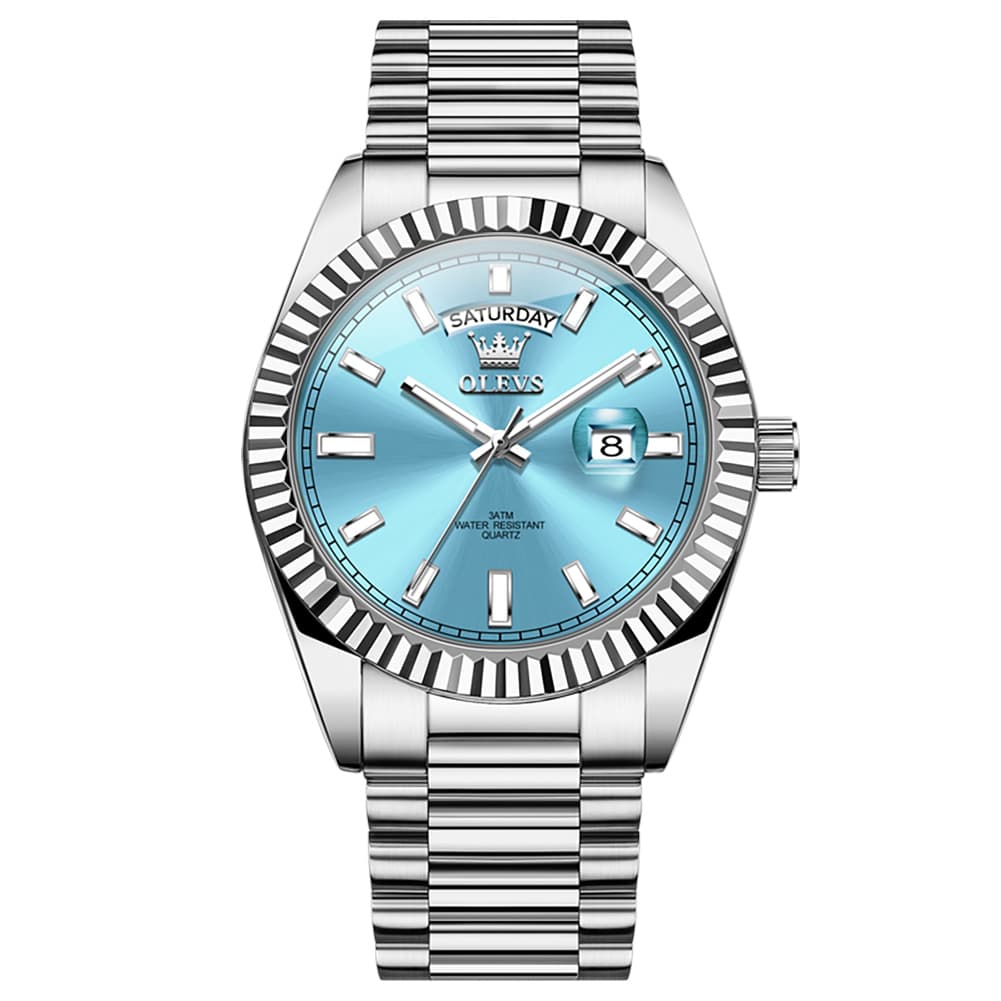 OLEVS 5650 Fluted Bezel Day Date Watch Stainless Steel Quartz Luxury Timepiece for Men