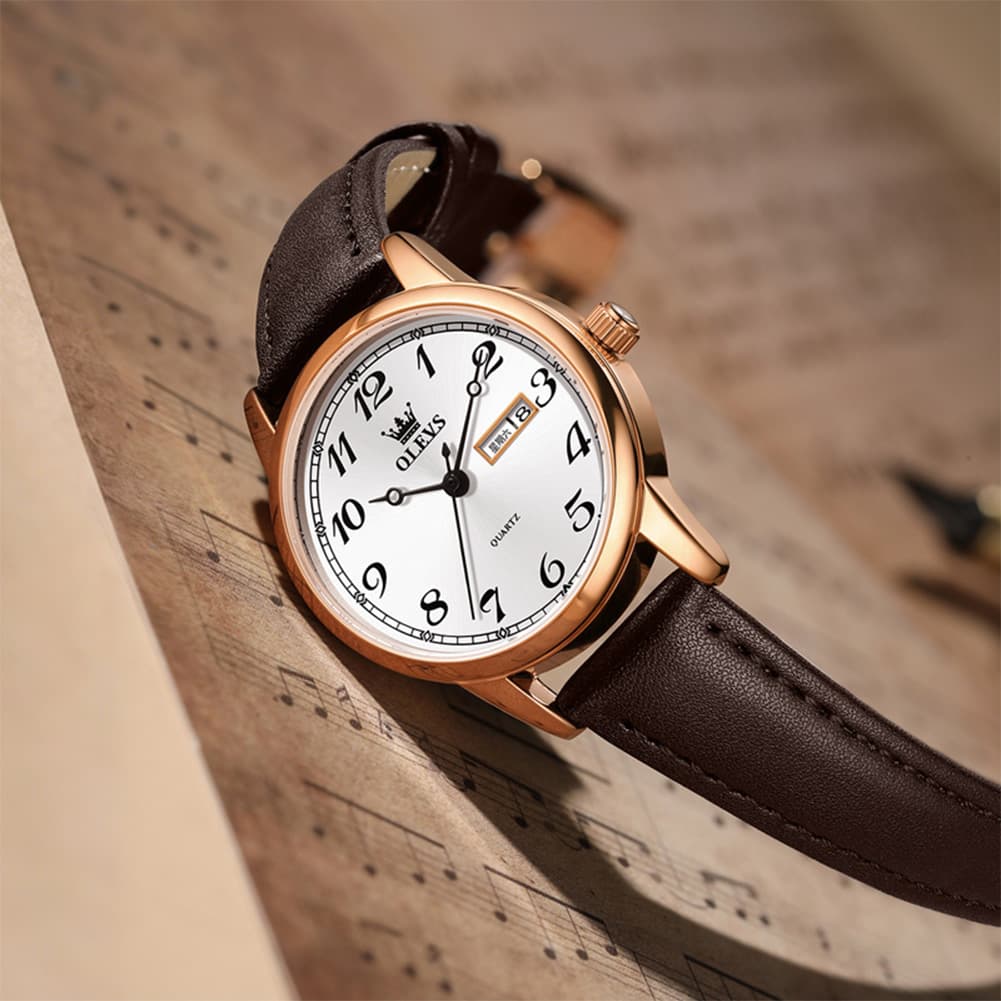 OLEVS 5662 Petite Vintage Quartz Watch Day Date Leather Strap Elegant Dress Timepiece for Women