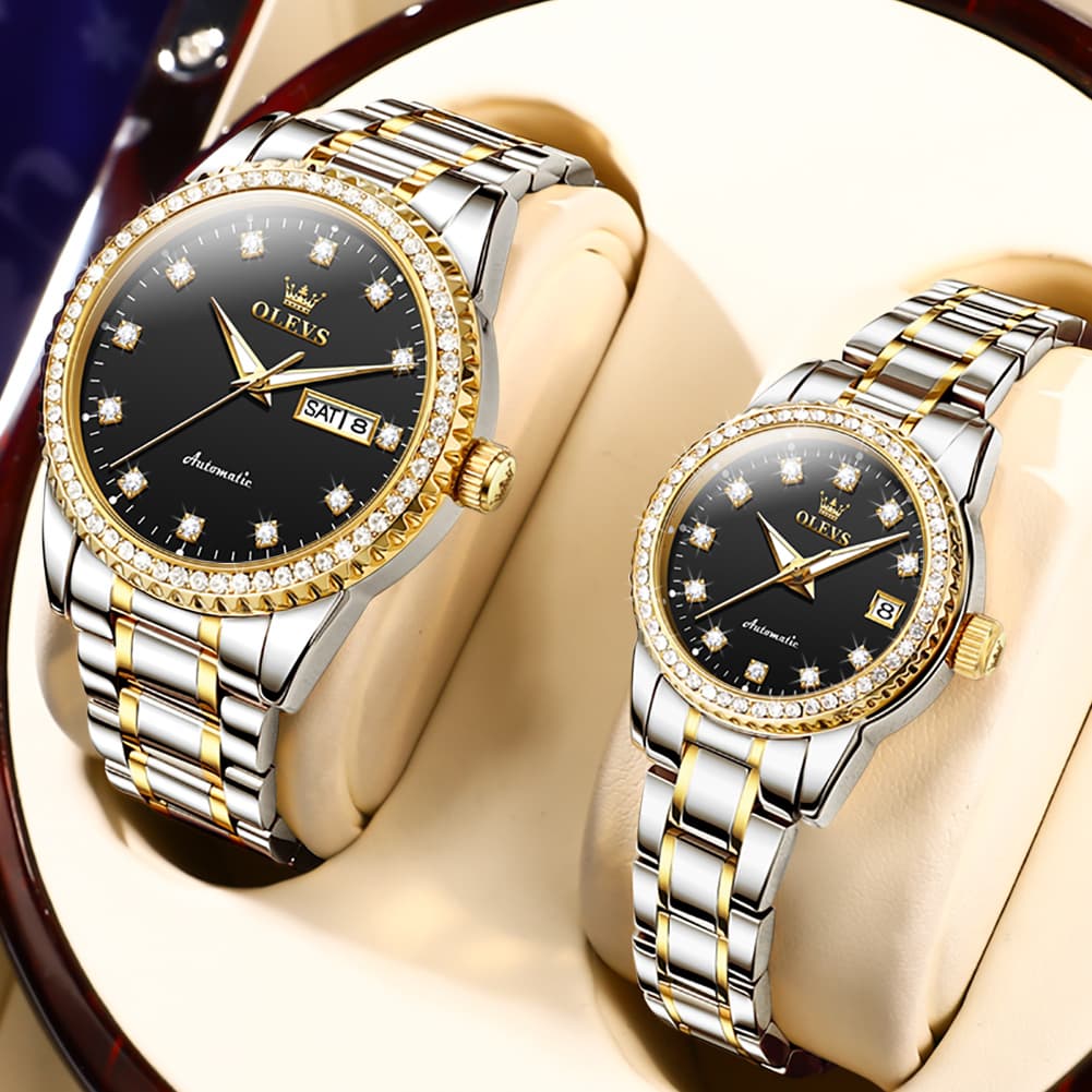 OLEVS 7003Q Diamond Bezel Automatic Couple Watch Set