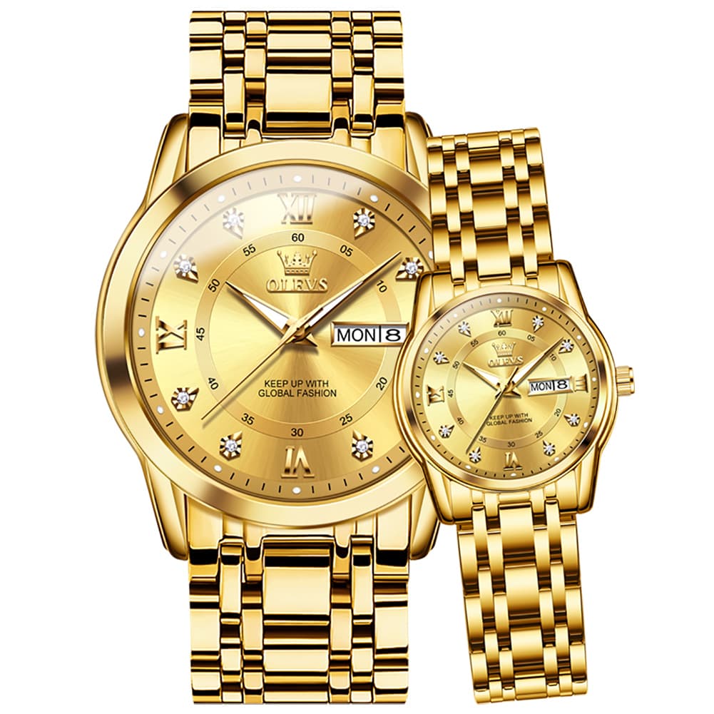 OLEVS Couple Watches Diamond Dial Day Date Quartz Watch 5513 Steel Band for His and Hers
