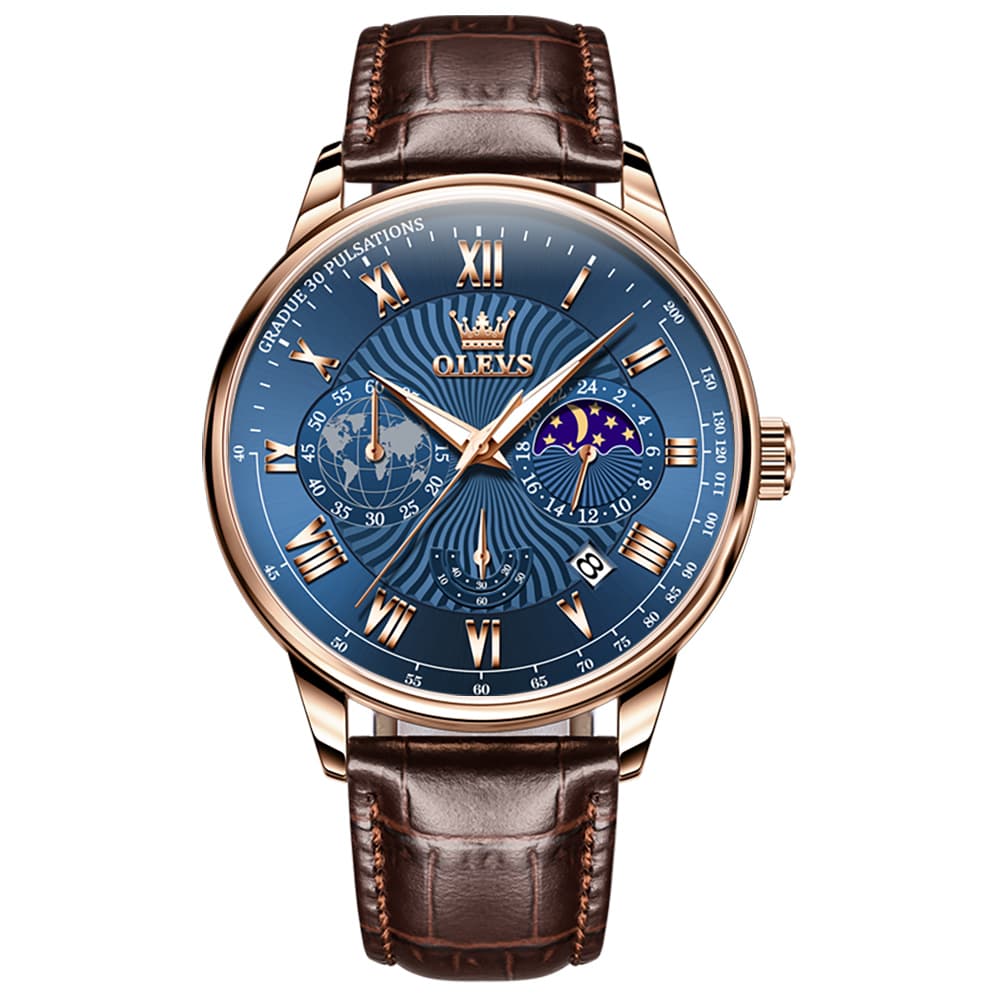 OLEVS 2893 Leather Pulsometer Moon Phase Watch for Men