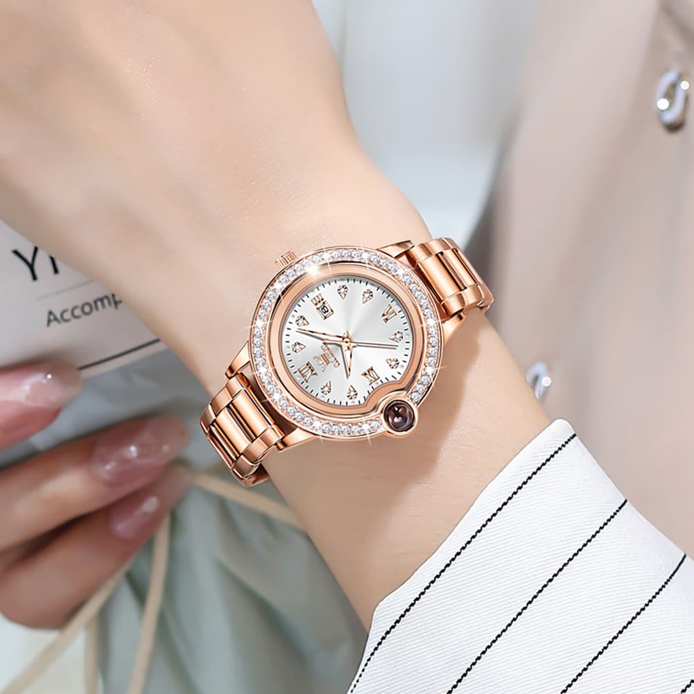 OLEVS Women Diamond Bezel Watch Cabochon Crown Rose Gold Quartz Date 5588