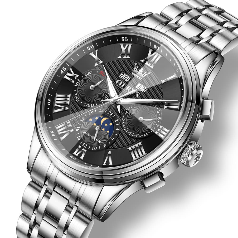 OLEVS 7113 Diamond Cut Glass Moon Phase Automatic Mechanical Watch for Men