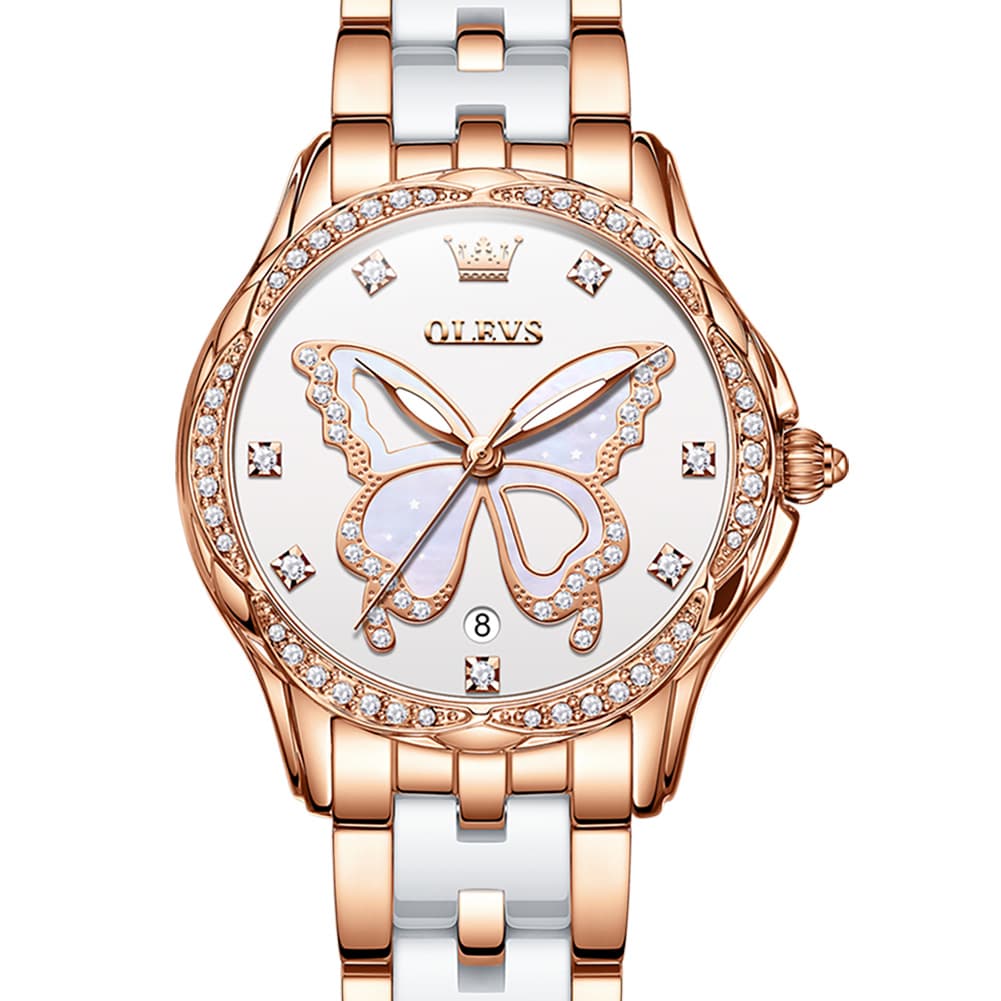 OLEVS Women Butterfly Watch Ceramic Rose Gold Diamond Date Quartz 5610