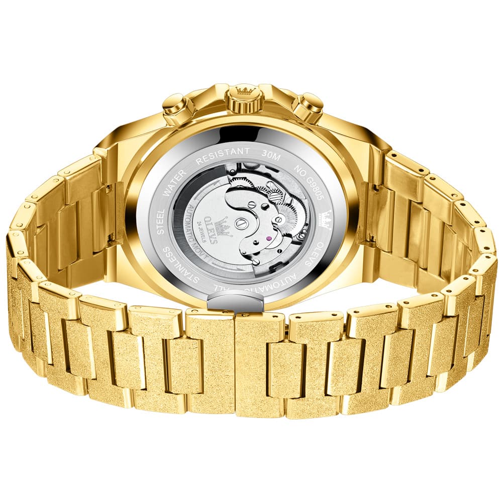 OLEVS Iced Out Moon Phase Skeleton Automatic Watch 9805 Calendar for Men