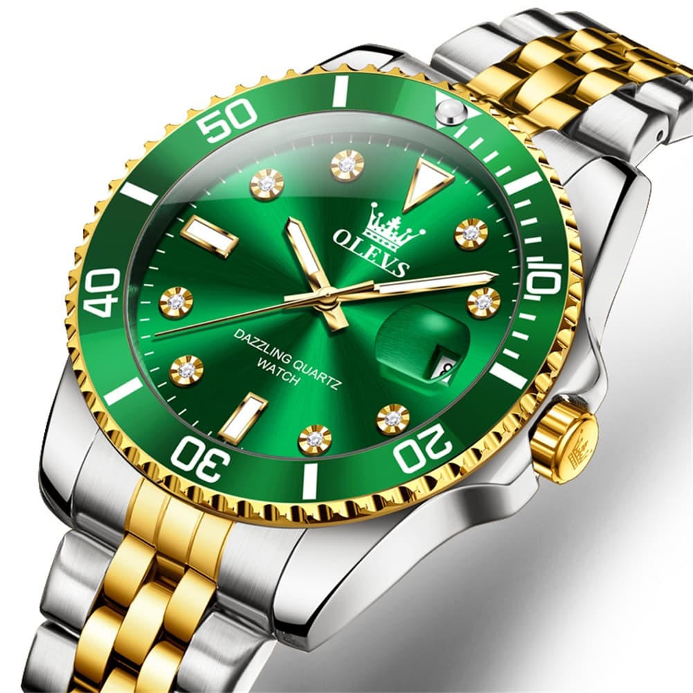 OLEVS 9809 Rotating Bezel Diamond Dial Stainless Steel Quartz Watch for Men