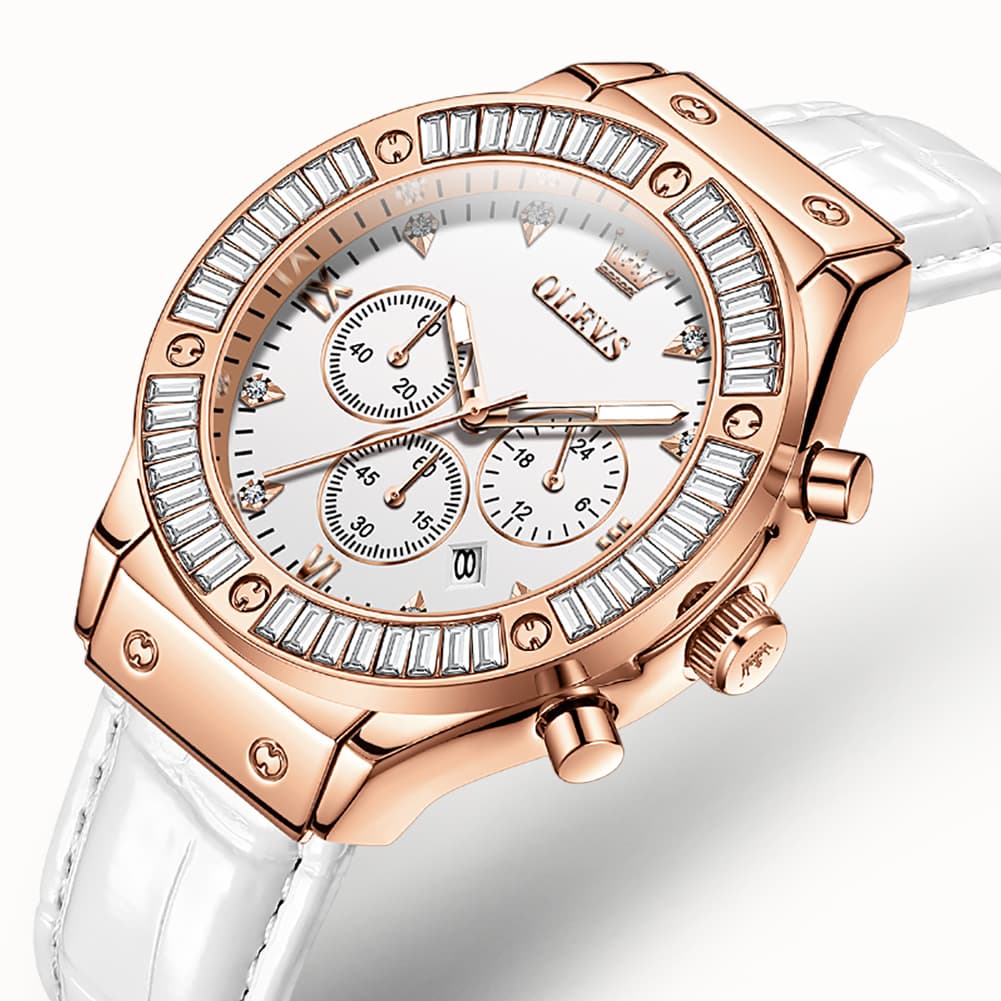 OLEVS 9978 Diamond Bezel Chronograph Leather Watch for Women