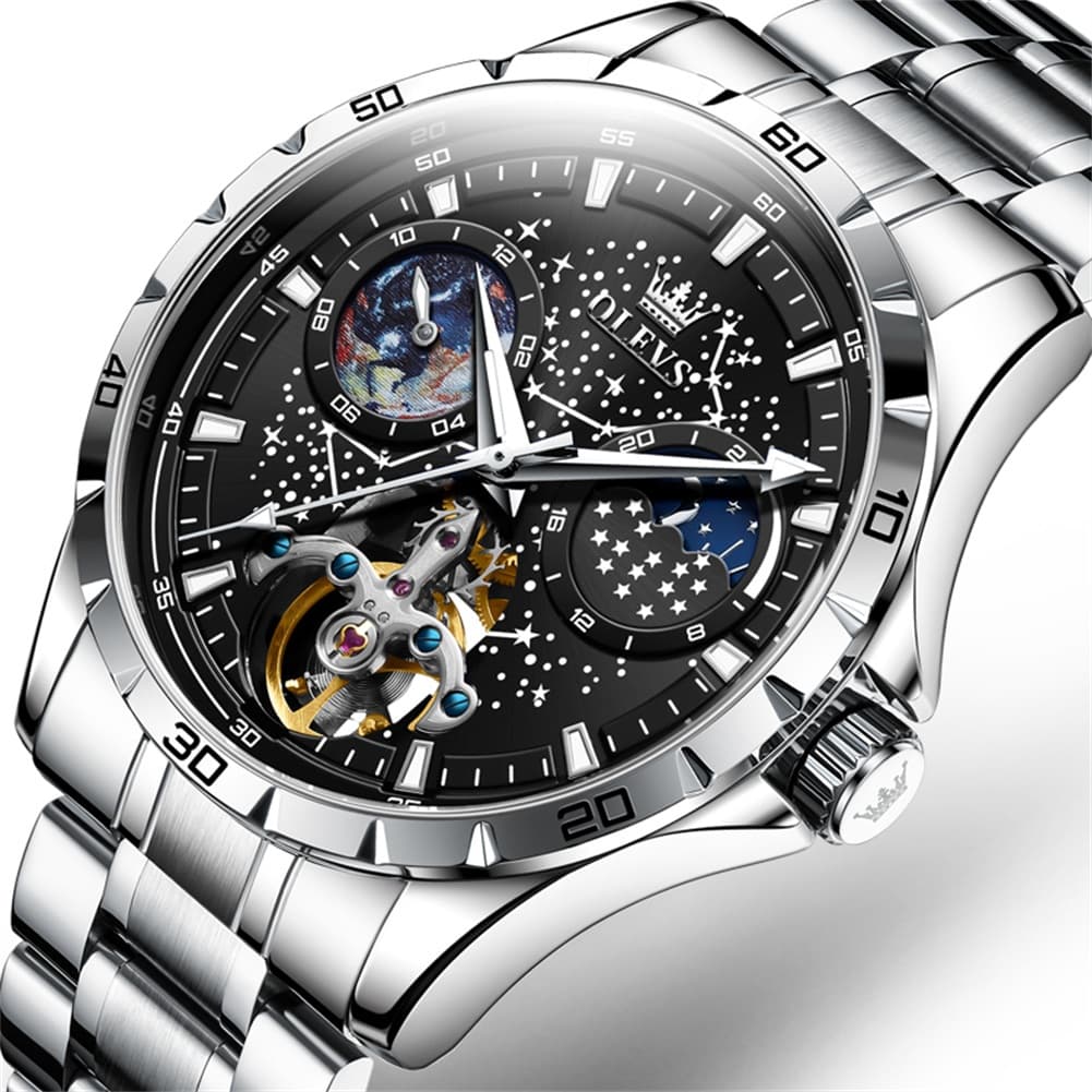 OLEVS 6689 Automatic Skeleton Starry Sky Leather Steel Watch for Men