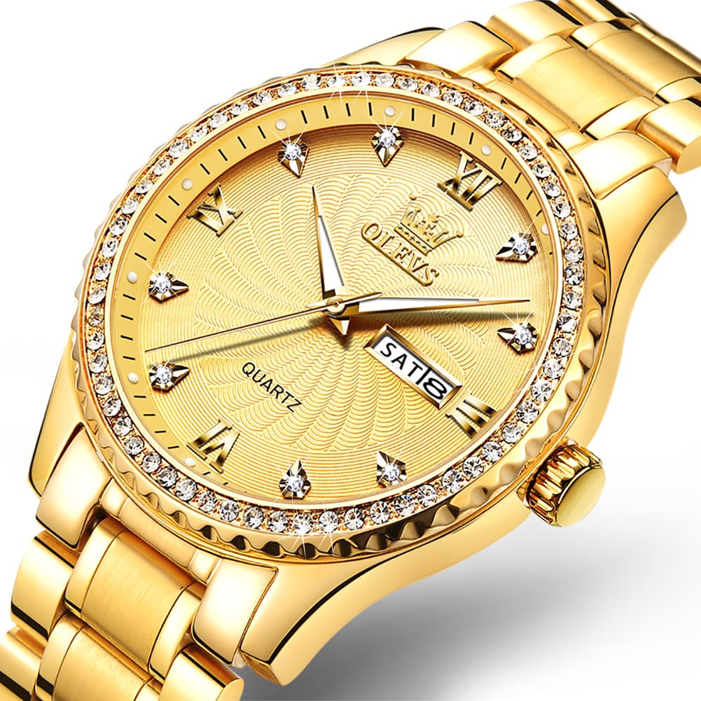 OLEVS Men Diamond Bezel Watch Two Tone Stainless Steel Quartz Day Date 5565