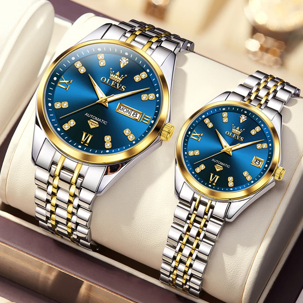 OLEVS Couple Watches Set Automatic Mechanical Diamond Dial 9801 for His and Hers