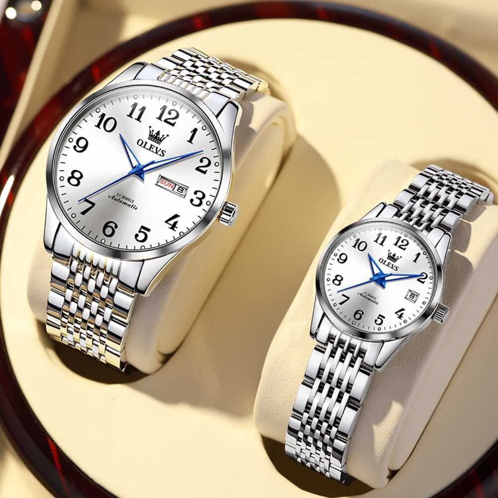OLEVS 6666Q Stainless Steel Mechanical Big Numeral Couple Watches