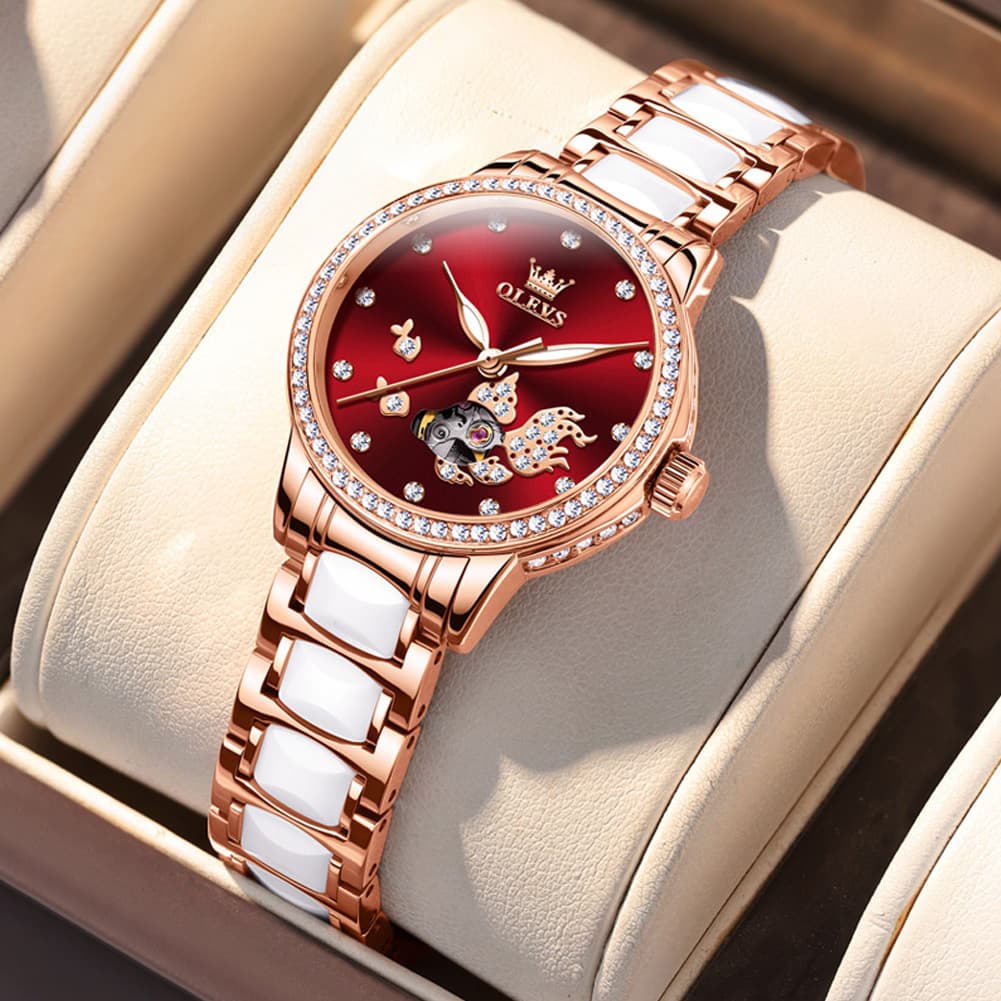 OLEVS 7001 Koi Skeleton Ceramic Mechanical Watch for Women