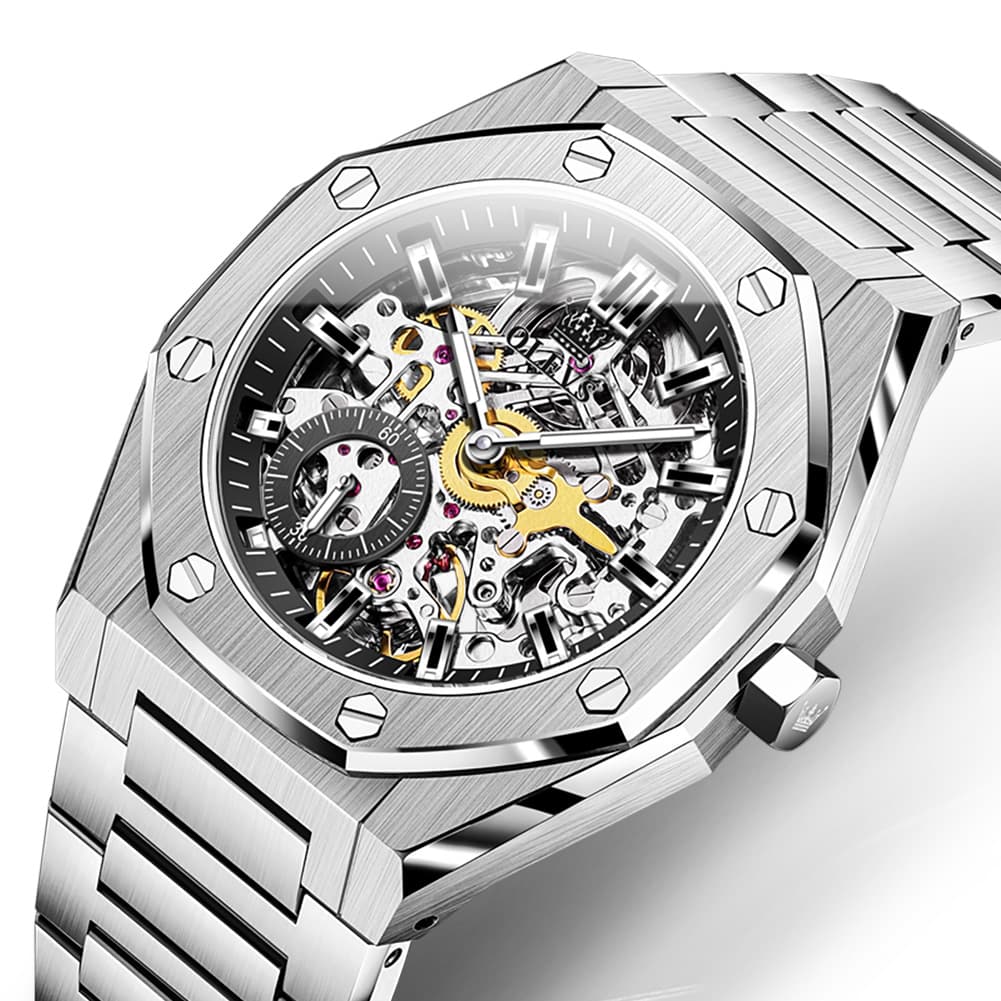OLEVS 6669 Stainless Steel Octagonal Skeleton Watch for Men