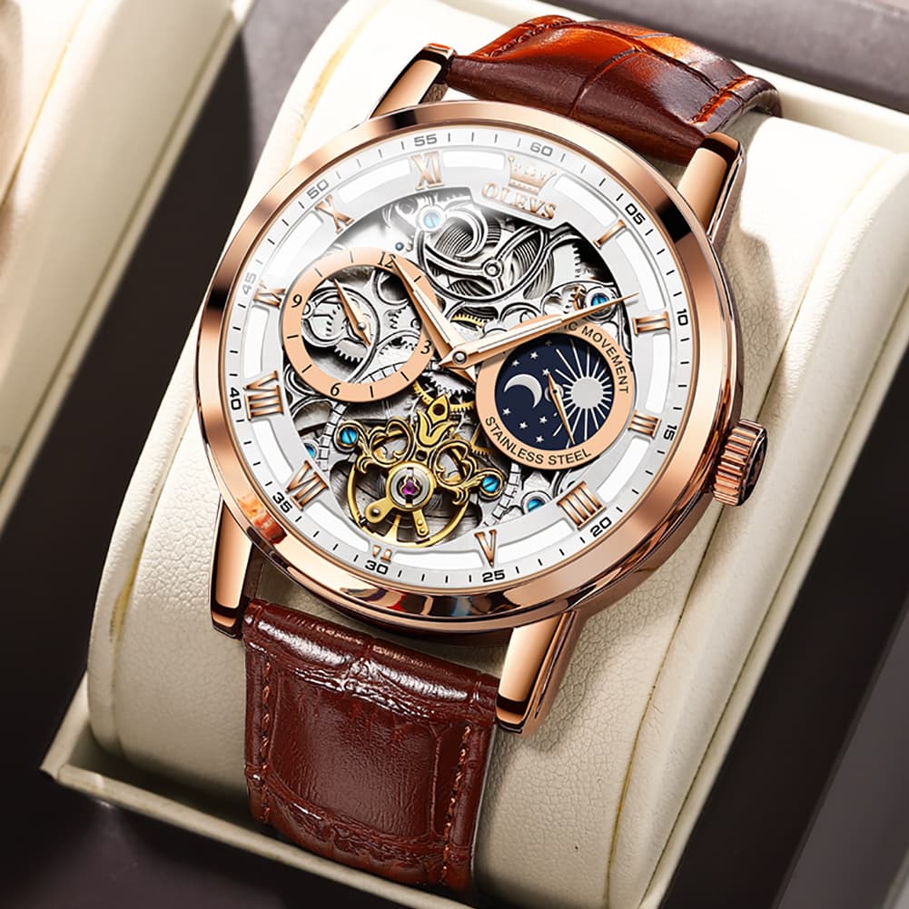 OLEVS 6670P Leather Skeleton Moon Phase Watch for Men