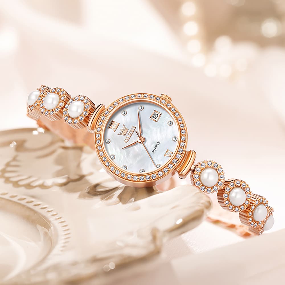 OLEVS Women Pearl Bracelet Watch Diamond Mother of Pearl Date Quartz 5635