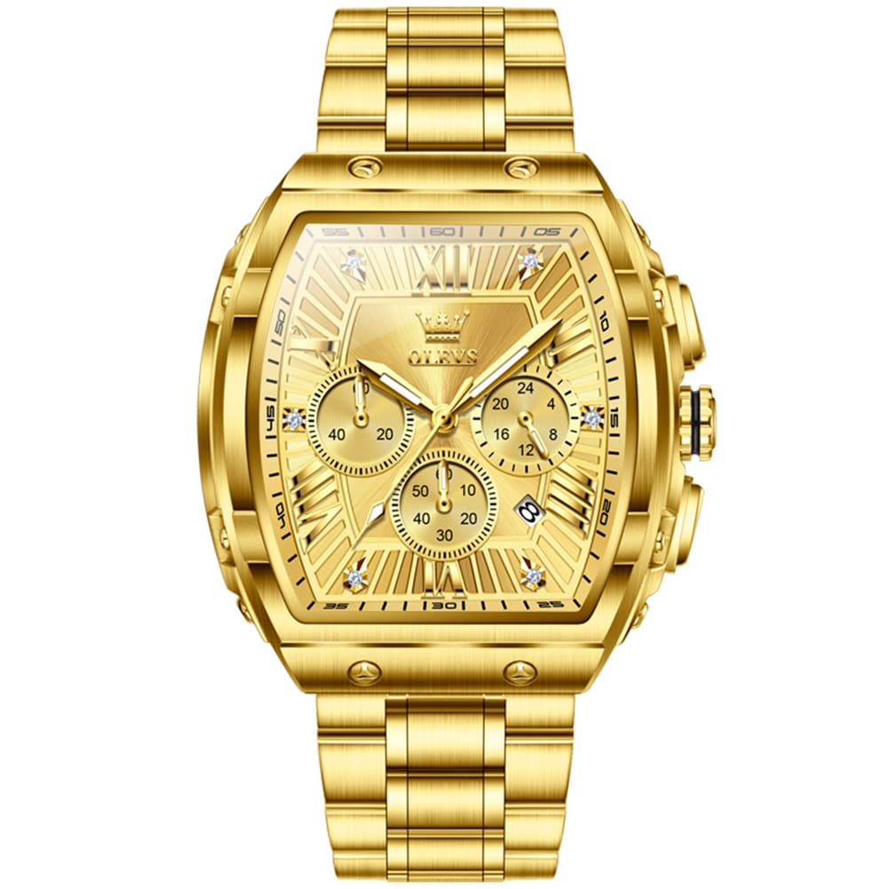 OLEVS Men Tonneau Watch Chronograph Stainless Steel Luxury Quartz 5639