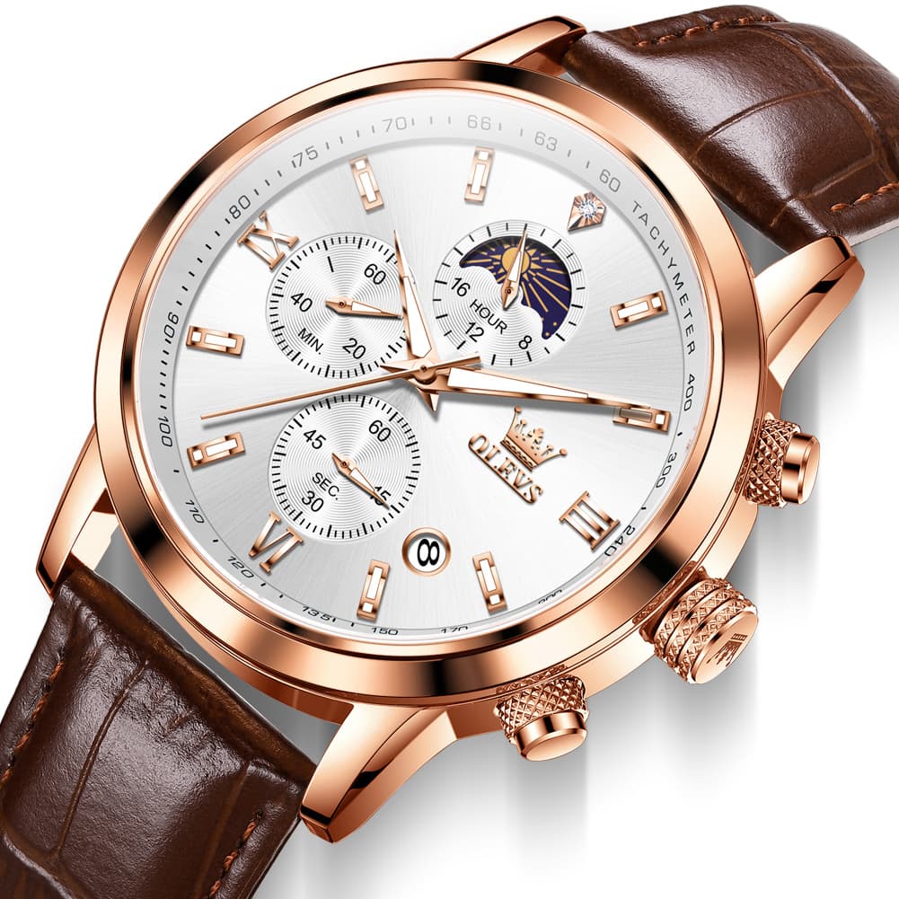 OLEVS 9812 Moon Phase Chronograph Leather Watch for Men