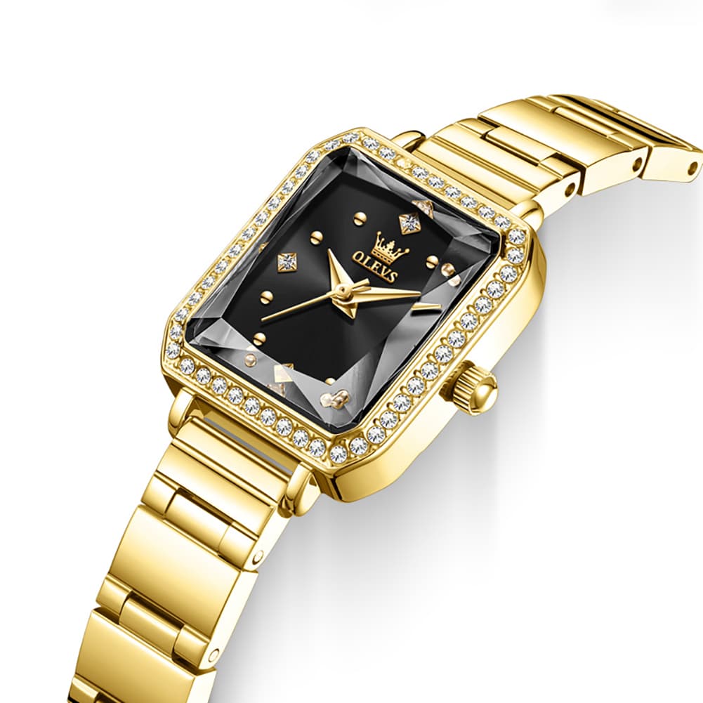 OLEVS 5688 Beveled Edge Crystal Rectangular Watch Diamond Bezel Stainless Steel Quartz Timepiece for Women